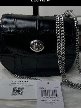 Coach Black Croc-Embossed Mini Crossbody with Silver Chain/Bnwt